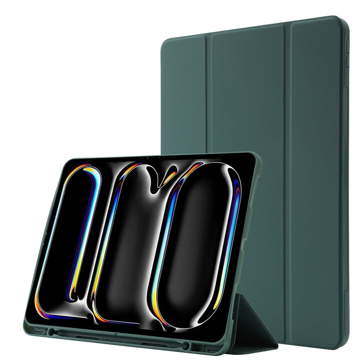 For iPad Pro 11 2025 / 2024 Skin Feel Tri-fold Leather Tablet Case with Pen Slot(Dark Green) by bashfashion