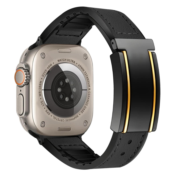 For Apple Watch Ultra 49mm Trapezoid Fold Magnetic Buckle Silicone PU Watch Band(Black Gold) by bashfashion
