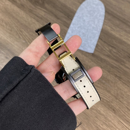 For Apple Watch Ultra 49mm Trapezoid Fold Magnetic Buckle Silicone PU Watch Band(Black Gold) by bashfashion