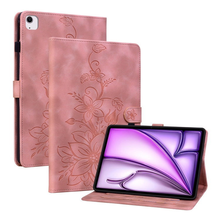 For iPad Air 13 2025 / 2024 Lily Embossed Leather Smart Tablet Case(Pink) by bashfashion