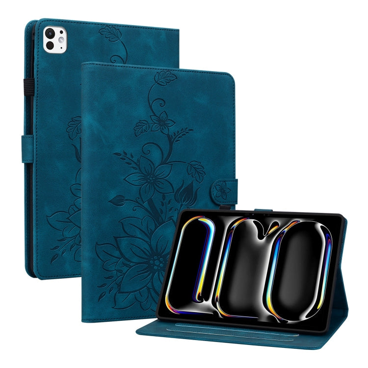 For iPad Pro 11 2025 / 2024 Lily Embossed Leather Smart Tablet Case(Dark Blue) by bashfashion
