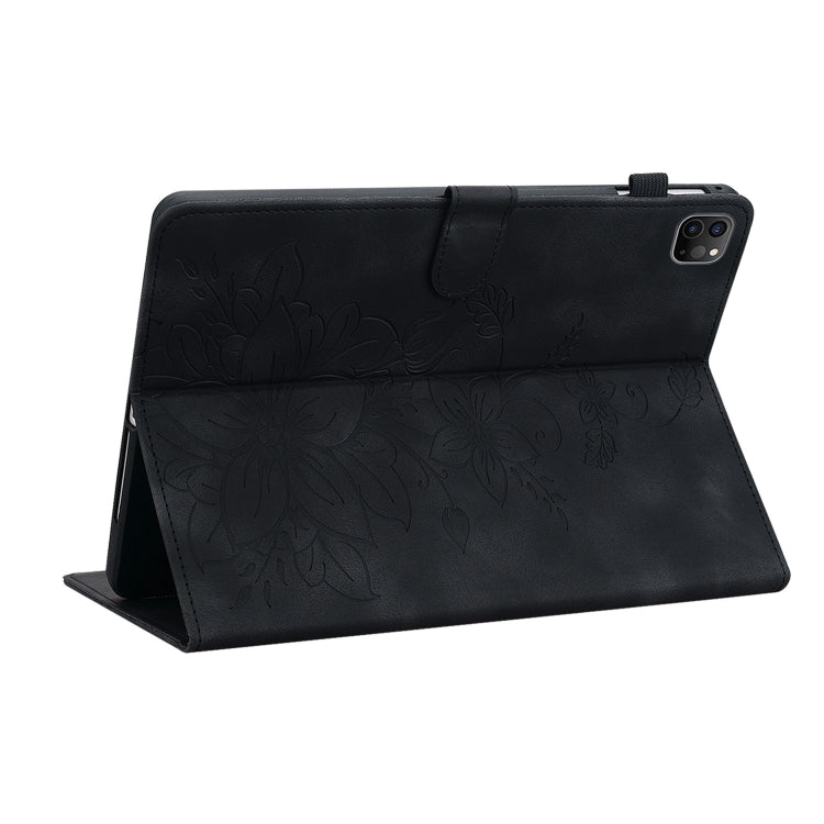 For iPad Pro 12.9 2022 / 2021 / 2020 Lily Embossed Leather Smart Tablet Case(Black) by bashfashion