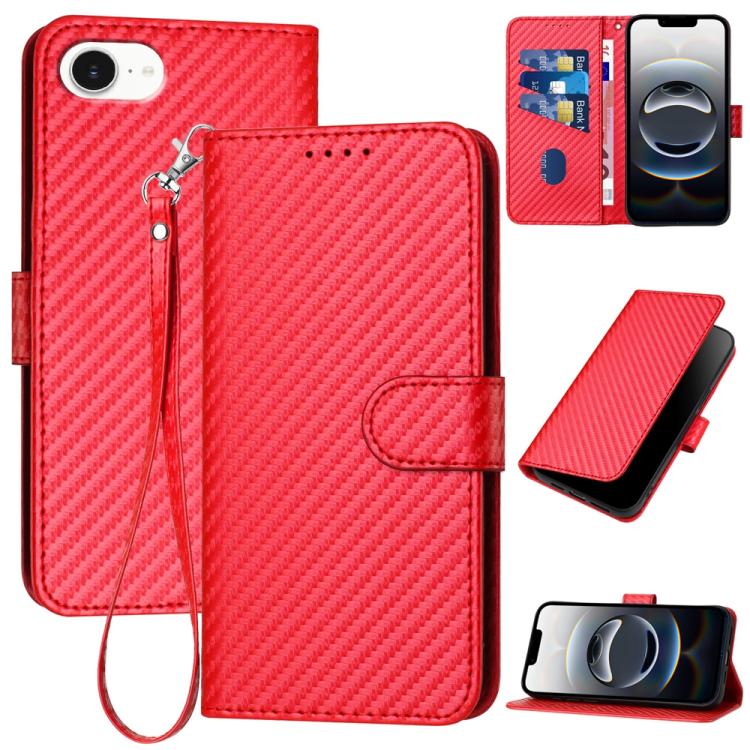 For iPhone 16e YX0070 Carbon Fiber Buckle Leather Phone Case with Lanyard(Red) by bashfashion