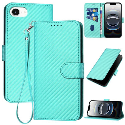 For iPhone 16e YX0070 Carbon Fiber Buckle Leather Phone Case with Lanyard(Light Blue) by bashfashion