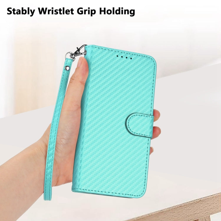 For iPhone 16e YX0070 Carbon Fiber Buckle Leather Phone Case with Lanyard(Light Blue) by bashfashion