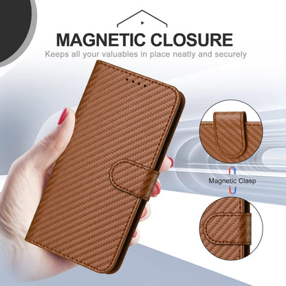 For iPhone 16e YX0070 Carbon Fiber Buckle Leather Phone Case with Lanyard(Coffee) by bashfashion