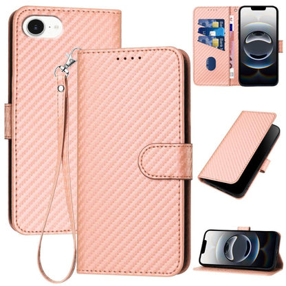 For iPhone 16e YX0070 Carbon Fiber Buckle Leather Phone Case with Lanyard(Pink) by bashfashion