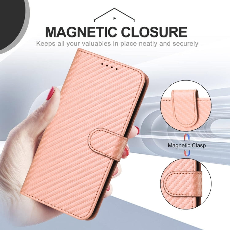 For iPhone 16e YX0070 Carbon Fiber Buckle Leather Phone Case with Lanyard(Pink) by bashfashion