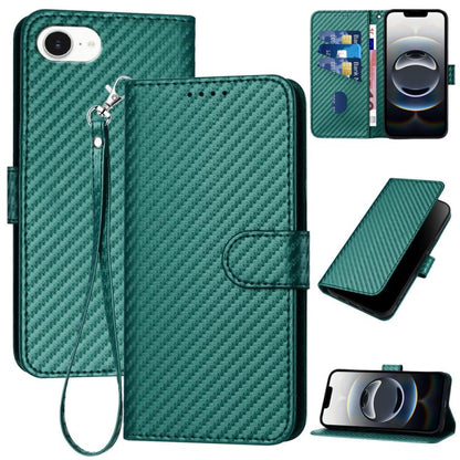 For iPhone 16e YX0070 Carbon Fiber Buckle Leather Phone Case with Lanyard(Dark Green) by bashfashion