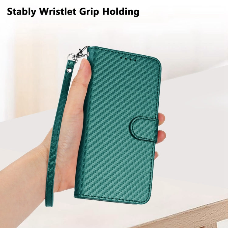 For iPhone 16e YX0070 Carbon Fiber Buckle Leather Phone Case with Lanyard(Dark Green) by bashfashion