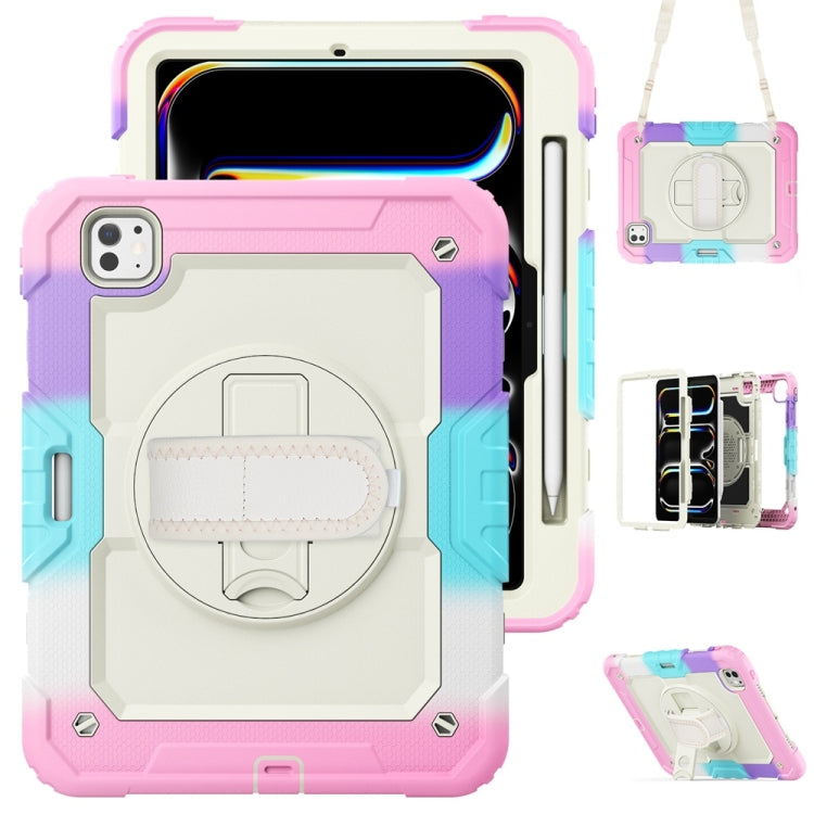 For iPad Pro 11 2025 / 2024 Lucky Wheel Grip Silicone Hybrid PC Tablet Case with Shoulder Strap(Rainbow Pink) by bashfashion