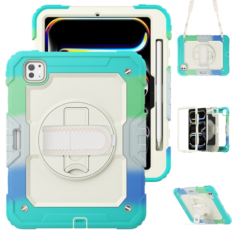 For iPad Pro 11 2025 / 2024 Lucky Wheel Grip Silicone Hybrid PC Tablet Case with Shoulder Strap(Rainbow Blue) by bashfashion