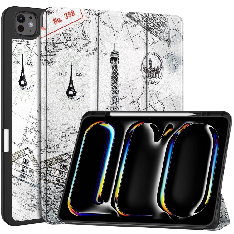 For iPad Pro 13 2025 / 2024 Custer Painted 3-Fold Holder Smart Leather Tablet Case with Pen Tray(Eiffel Tower) by bashfashion