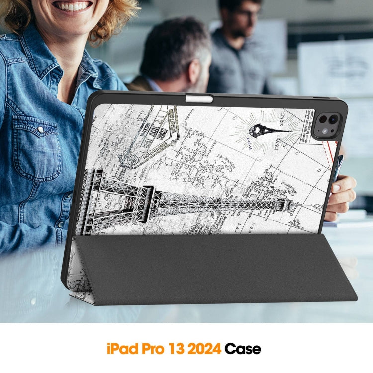 For iPad Pro 13 2025 / 2024 Custer Painted 3-Fold Holder Smart Leather Tablet Case with Pen Tray(Eiffel Tower) by bashfashion