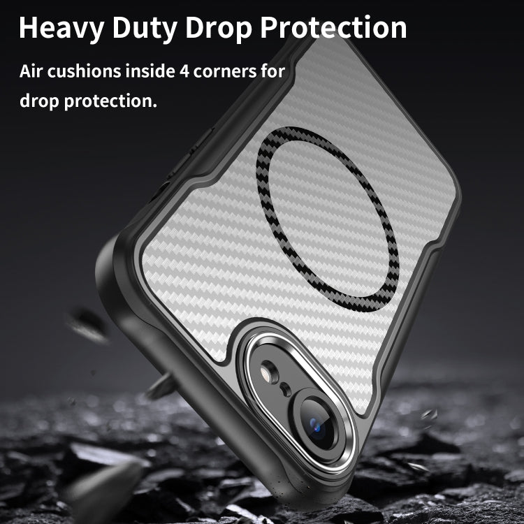 For iPhone 16e Carbon Fiber Texture MagSafe Translucent Phone Case(Black) by bashfashion