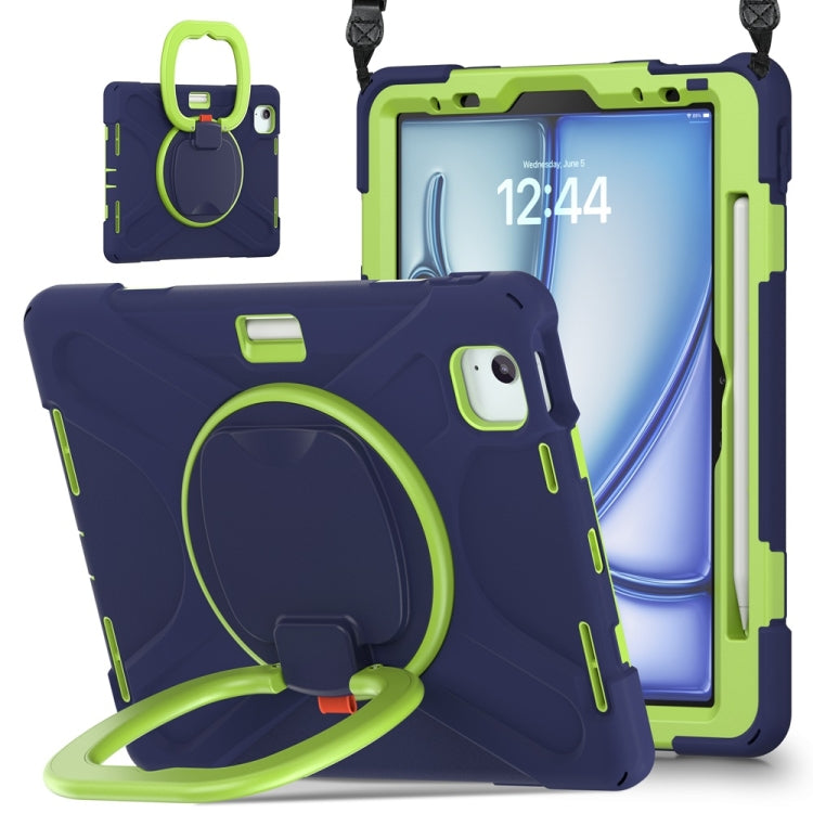For iPad Air 11 2024 / Air 11 2025 Silicone Hybrid PC Tablet Case with Holder & Shoulder Strap(Navy Blue Lime) by bashfashion