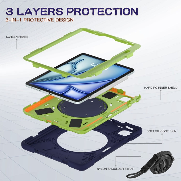 For iPad Air 11 2024 / Air 11 2025 Silicone Hybrid PC Tablet Case with Holder & Shoulder Strap(Navy Blue Lime) by bashfashion