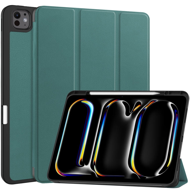 For iPad Pro 13 2025 / 2024 Custer TPU Pure Color 3-Fold Holder Smart Leather Tablet Case with Pen Tray(Dark Green) by bashfashion