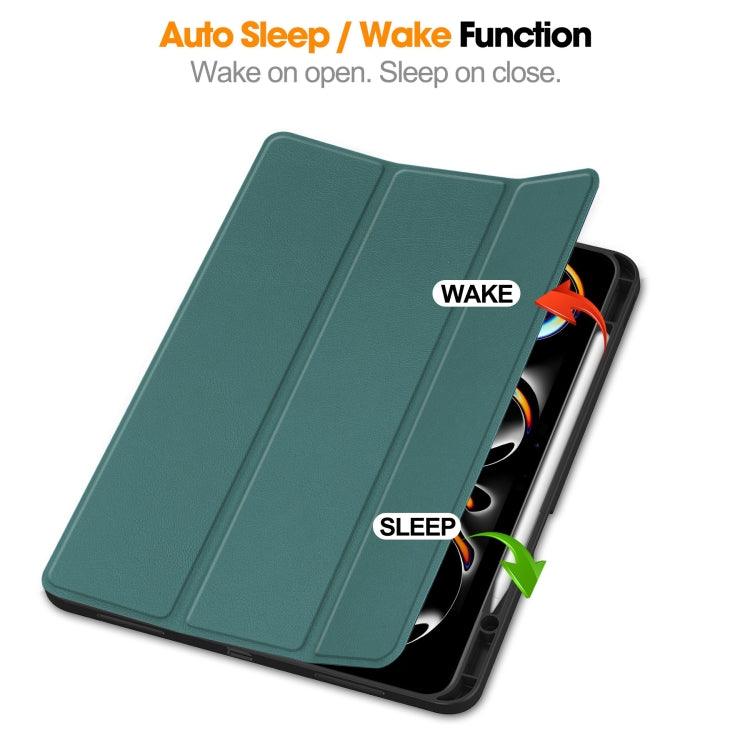 For iPad Pro 13 2025 / 2024 Custer TPU Pure Color 3-Fold Holder Smart Leather Tablet Case with Pen Tray(Dark Green) by bashfashion