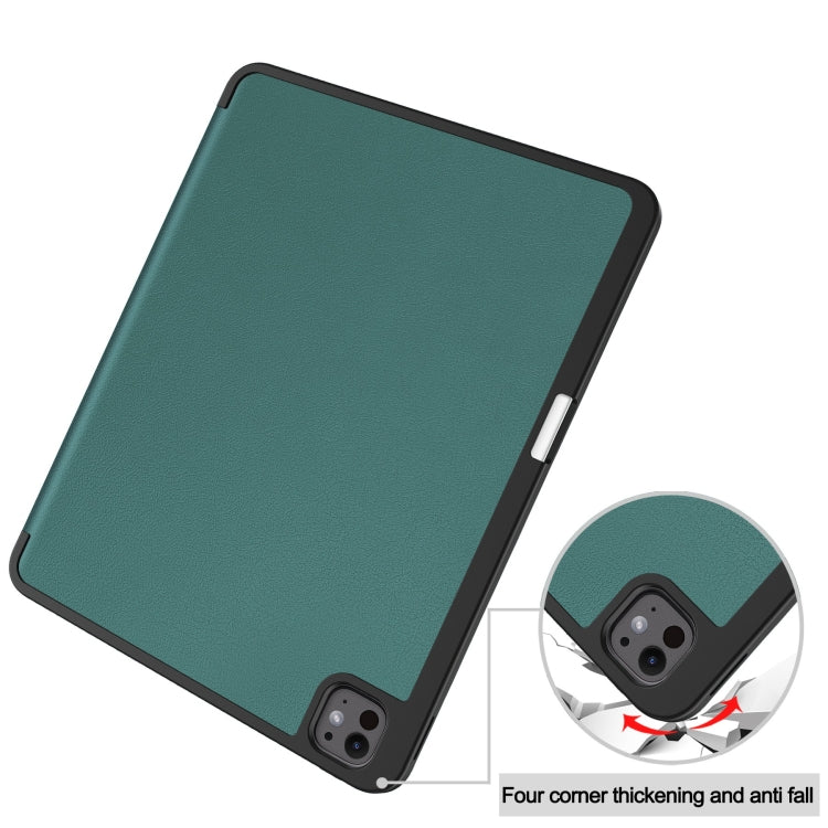 For iPad Pro 13 2025 / 2024 Custer TPU Pure Color 3-Fold Holder Smart Leather Tablet Case with Pen Tray(Dark Green) by bashfashion