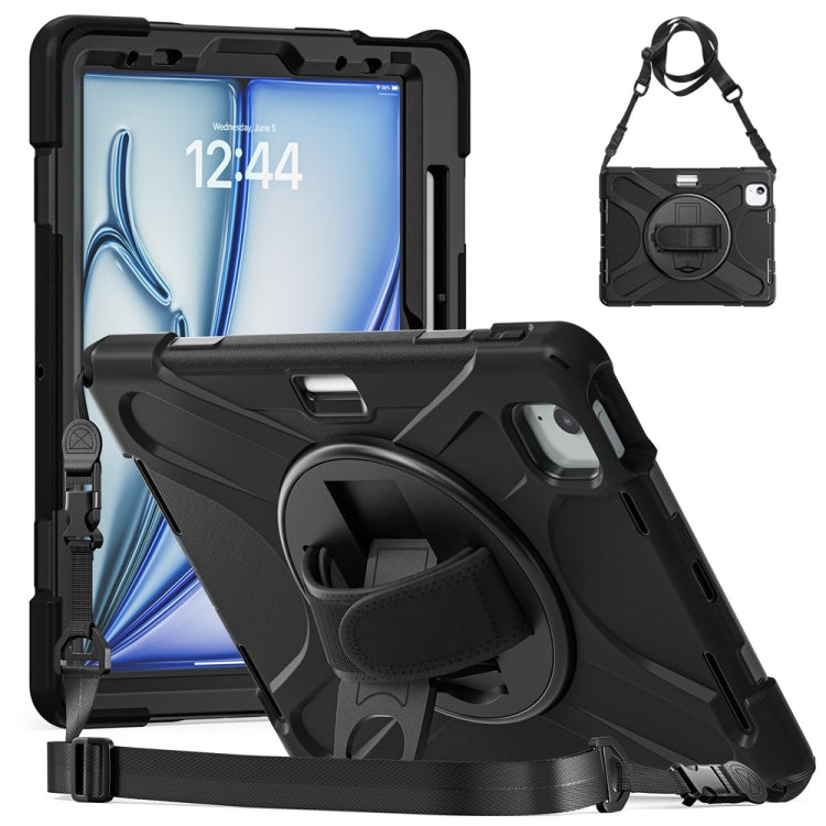 For iPad Air 11 2024 / Air 11 2025 Rotatable Holder Silicone Hybrid PC Tablet Case with Shoulder Strap(Black) by bashfashion
