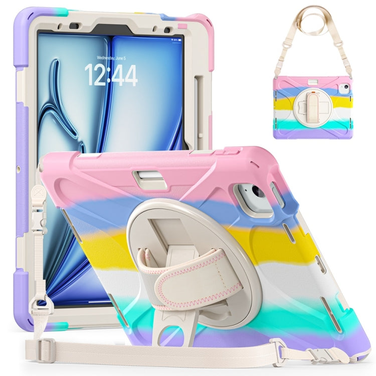 For iPad Air 11 2024 / Air 11 2025 Rotatable Holder Silicone Hybrid PC Tablet Case with Shoulder Strap(Colorful Pink) by bashfashion
