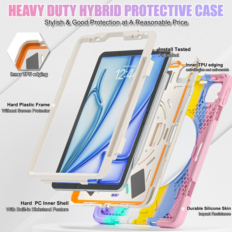 For iPad Air 11 2024 / Air 11 2025 Rotatable Holder Silicone Hybrid PC Tablet Case with Shoulder Strap(Colorful Pink) by bashfashion