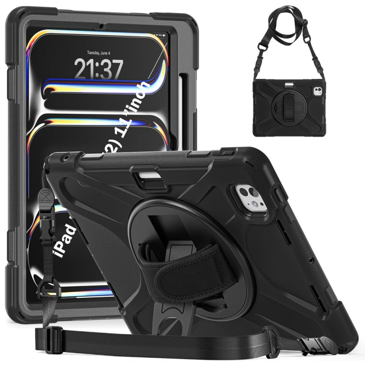 For iPad Pro 11 2025 / 2024 Rotatable Holder Silicone Hybrid PC Tablet Case with Shoulder Strap(Black) by bashfashion