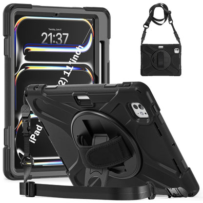 For iPad Pro 11 2025 / 2024 Rotatable Holder Silicone Hybrid PC Tablet Case with Shoulder Strap(Black) by bashfashion