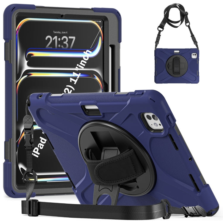 For iPad Pro 11 2025 / 2024 Rotatable Holder Silicone Hybrid PC Tablet Case with Shoulder Strap(Navy Blue) by bashfashion