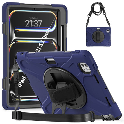 For iPad Pro 11 2025 / 2024 Rotatable Holder Silicone Hybrid PC Tablet Case with Shoulder Strap(Navy Blue) by bashfashion