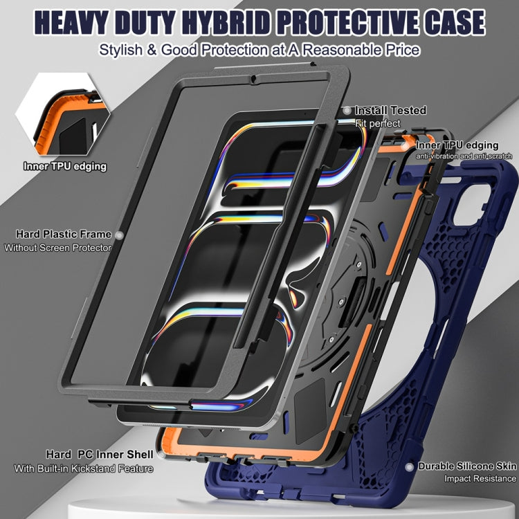 For iPad Pro 11 2025 / 2024 Rotatable Holder Silicone Hybrid PC Tablet Case with Shoulder Strap(Navy Blue) by bashfashion