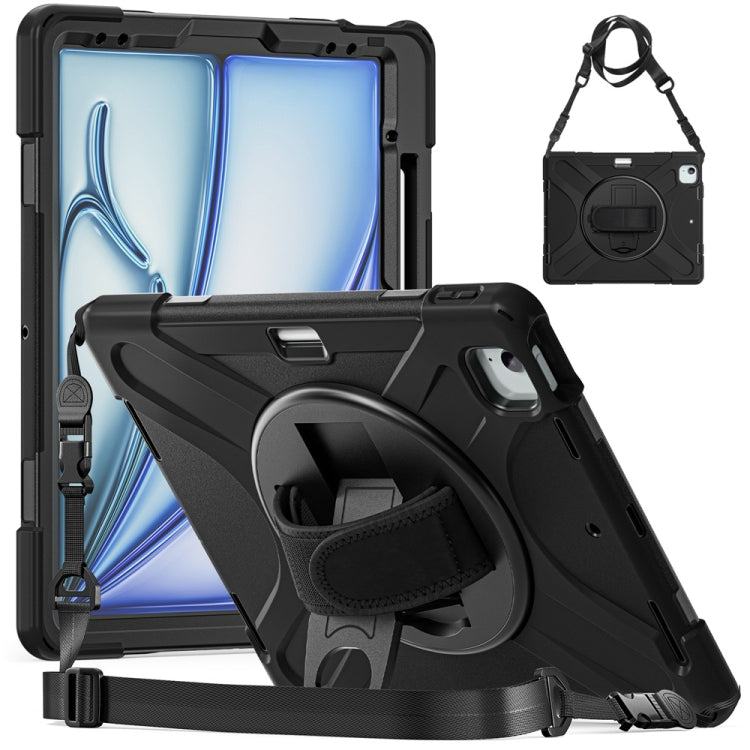 For iPad Air 13 2024 / Air 13 2025 Rotatable Holder Silicone Hybrid PC Tablet Case with Shoulder Strap(Black) by bashfashion