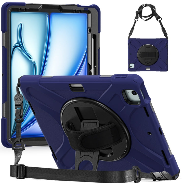 For iPad Air 13 2024 / Air 13 2025 Rotatable Holder Silicone Hybrid PC Tablet Case with Shoulder Strap(Navy Blue) by bashfashion