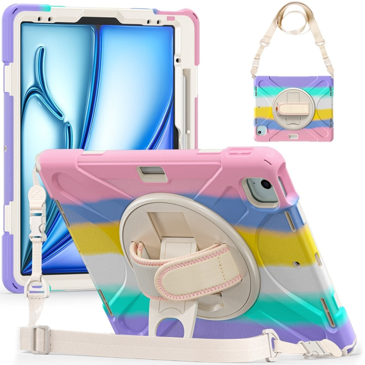 For iPad Air 13 2024 / Air 13 2025 Rotatable Holder Silicone Hybrid PC Tablet Case with Shoulder Strap(Colorful Pink) by bashfashion