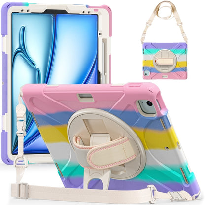 For iPad Air 13 2024 / Air 13 2025 Rotatable Holder Silicone Hybrid PC Tablet Case with Shoulder Strap(Colorful Pink) by bashfashion