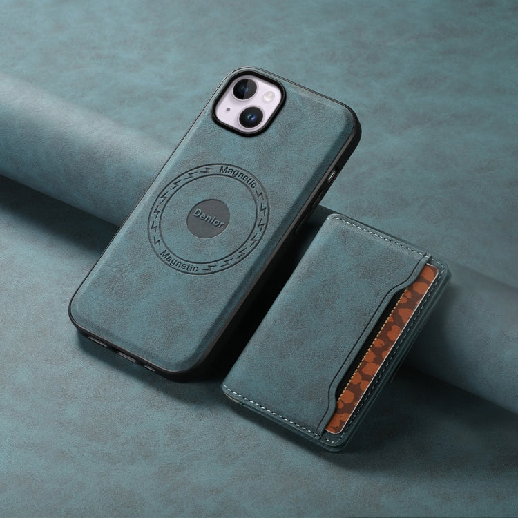 For iPhone 14 Plus Denior D13 Retro Texture Leather MagSafe Card Bag Phone Case(Blue) by Denior