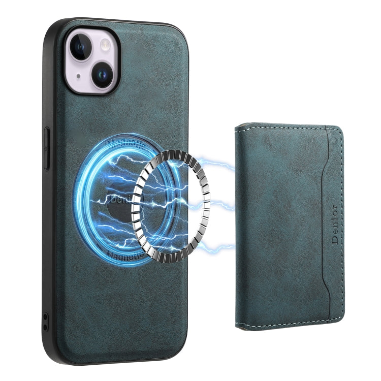 For iPhone 14 Plus Denior D13 Retro Texture Leather MagSafe Card Bag Phone Case(Blue) by Denior