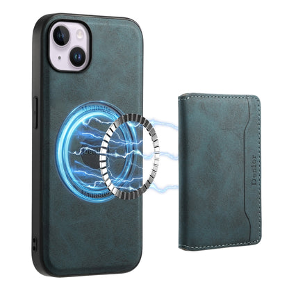 For iPhone 14 Plus Denior D13 Retro Texture Leather MagSafe Card Bag Phone Case(Blue) by Denior