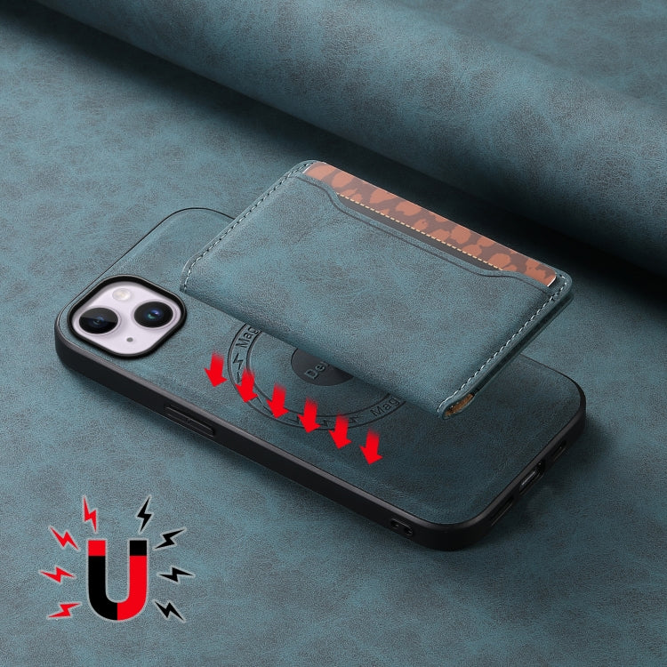 For iPhone 14 Plus Denior D13 Retro Texture Leather MagSafe Card Bag Phone Case(Blue) by Denior
