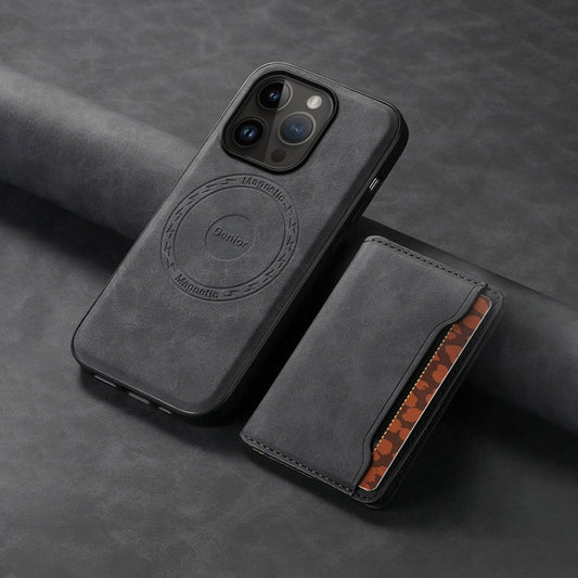 For iPhone 14 Pro Denior D13 Retro Texture Leather MagSafe Card Bag Phone Case(Black) by Denior