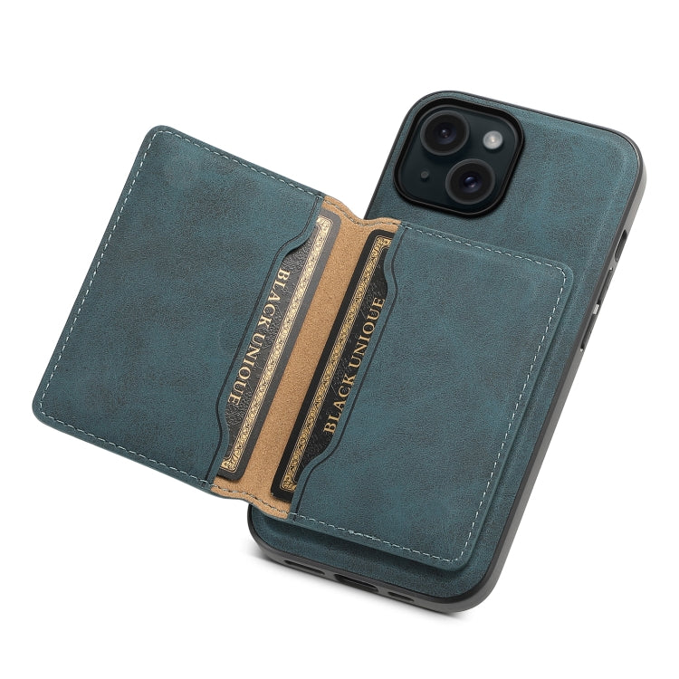 For iPhone 15 Denior D13 Retro Texture Leather MagSafe Card Bag Phone Case(Blue) by Denior