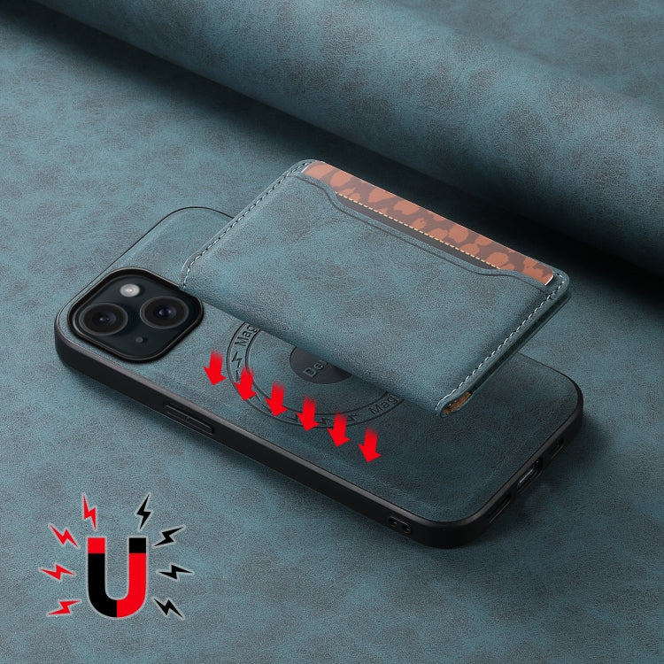 For iPhone 15 Denior D13 Retro Texture Leather MagSafe Card Bag Phone Case(Blue) by Denior