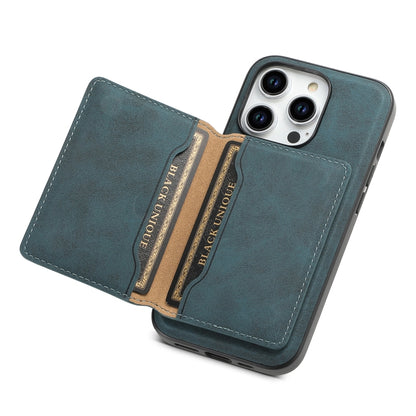 For iPhone 15 Pro Denior D13 Retro Texture Leather MagSafe Card Bag Phone Case(Blue) by Denior