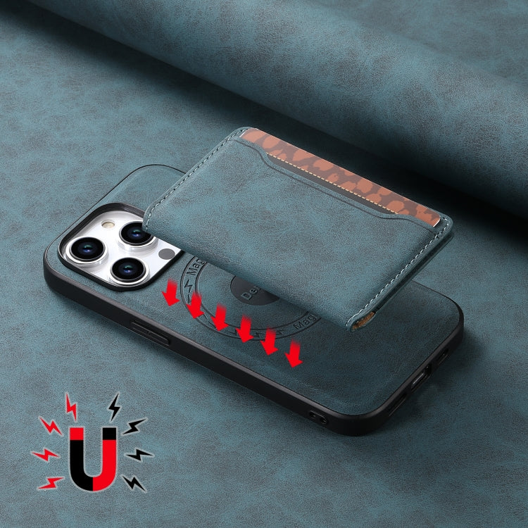 For iPhone 15 Pro Denior D13 Retro Texture Leather MagSafe Card Bag Phone Case(Blue) by Denior