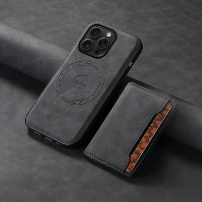 For iPhone 15 Pro Max Denior D13 Retro Texture Leather MagSafe Card Bag Phone Case(Black) by Denior