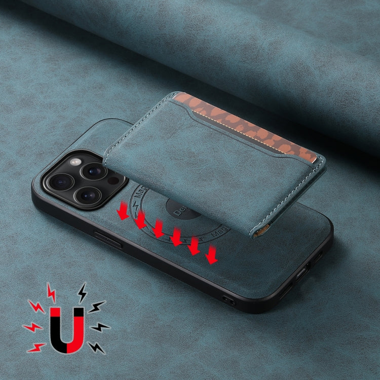 For iPhone 15 Pro Max Denior D13 Retro Texture Leather MagSafe Card Bag Phone Case(Blue) by Denior