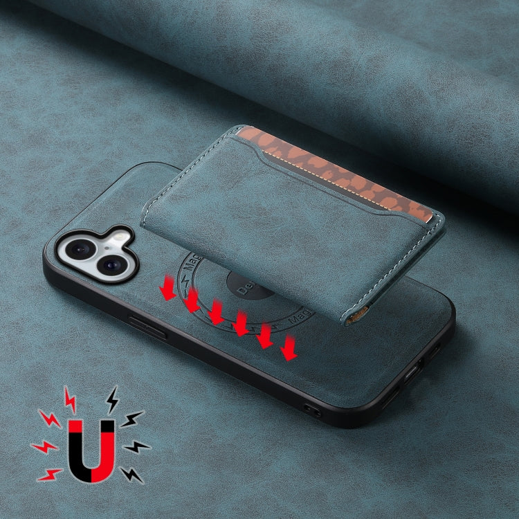 For iPhone 16 Plus Denior D13 Retro Texture Leather MagSafe Card Bag Phone Case(Blue) by Denior