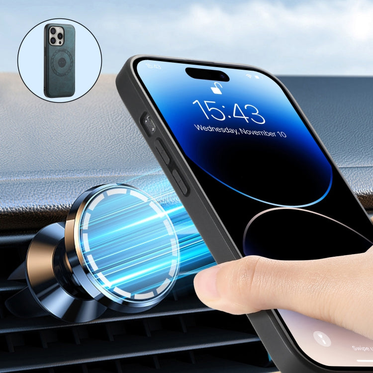 For iPhone 16 Pro Denior D13 Retro Texture Leather MagSafe Card Bag Phone Case(Blue) by Denior