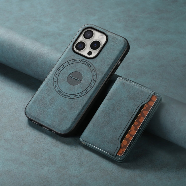 For iPhone 16 Pro Max Denior D13 Retro Texture Leather MagSafe Card Bag Phone Case(Blue) by Denior